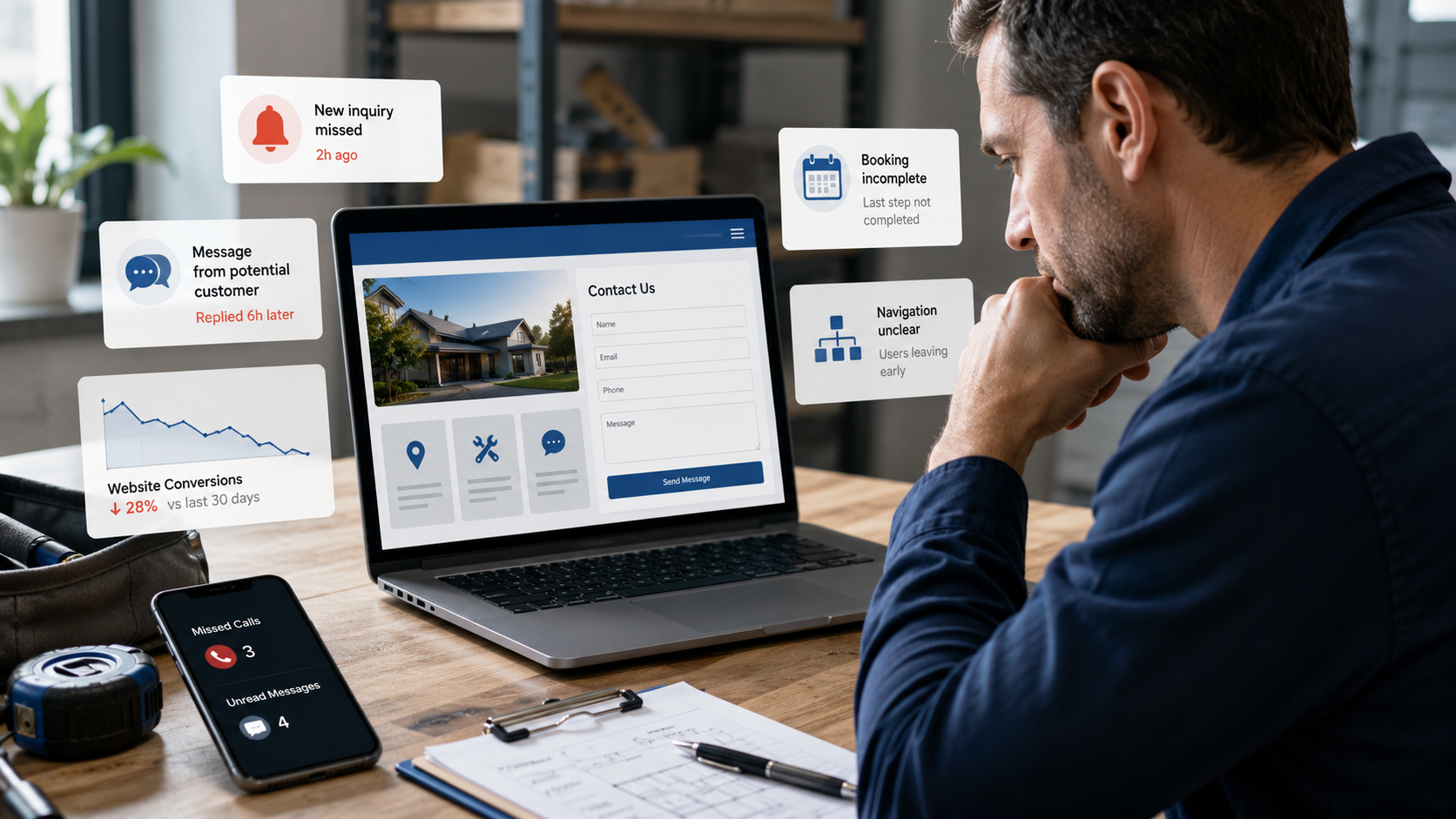 Tradesperson at a laptop reviewing their business website contact page while alerts show missed inquiries, missed calls, and falling conversions.