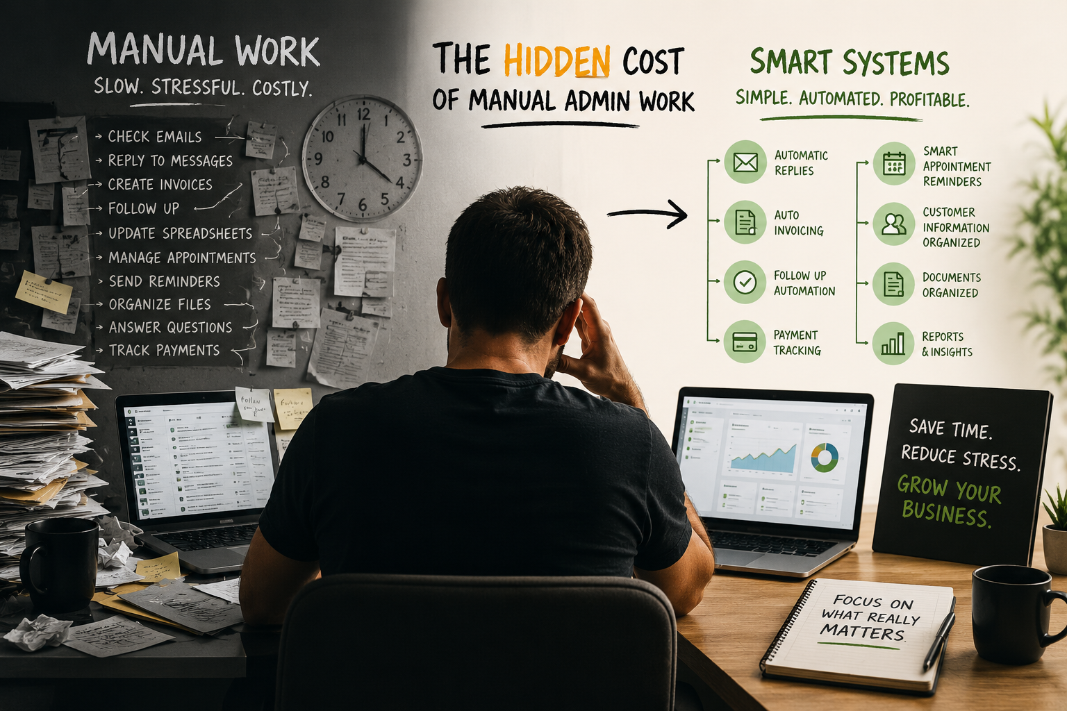 Local business owner at desk with laptop, phone, paper invoices, and receipts, appearing overwhelmed by administrative tasks