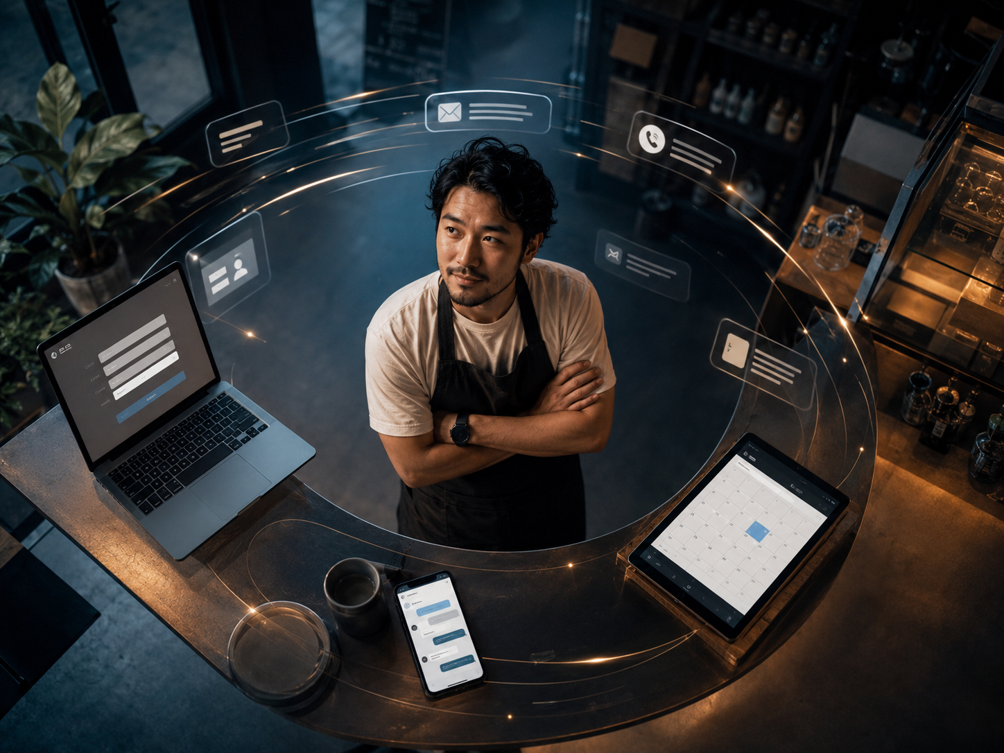 Local business owner at desk reviewing laptop, tablet, and phone showing website form, calendar, and chat messages